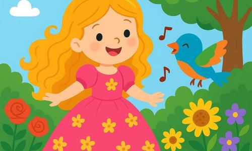 A smiling princess, about 8 years old, wears a bright pink dress adorned with golden flowers. Her long, curly hair shines in the sun, and her eyes sparkle with joy as she plays in her garden. Beside her, a small bird with colorful feathers joyfully flies around her, singing happily. The garden is filled with vibrant flowers, red roses, yellow sunflowers, and delicate violets, under a clear blue sky dotted with fluffy white clouds. In the background, a majestic tree provides shade, its branches stretching out like welcoming arms. The princess and the bird dance together in this enchanted scene, surrounded by the magic of nature, sharing a moment of happiness and friendship.