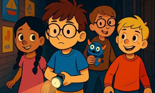 Er zijn 4 kinderen: - Sam: een 8-jarig jongetje met rommelig bruin haar en ronde bril. Hij draagt een blauwe t-shirt en gele korte broek. Hij staat in het midden, een beetje nerveus maar vastberaden, met een kleine zaklamp in zijn hand. - Bram: een 8-jarig jongetje met blond haar en sproetjes. Hij draagt een rode sweatshirt en een spijkerbroek. Hij staat rechts van Sam, glimlachend en zelfverzekerd, klaar om de duisternis in te gaan. - Noor: een 8-jarig meisje met lange zwarte gevlochten haren en een roze jurk. Ze staat links van Sam, met grote ogen maar een dappere glimlach. - Felix: een 8-jarig jongetje met kastanjebruin haar en vierkante bril. Hij staat achter Sam, met een klein monster speelgoed in zijn hand, maar hij lijkt meer vermaakt dan bang. De locatie is een lange en donkere schoolgang, met oude bakstenen muren en versleten houten deuren. Schaduwen dansen over de vloer, veroorzaakt door het zwakke licht van een zaklamp. Kleurrijke posters hangen aan de muren, maar ze lijken bijna spookachtig in de duisternis. De belangrijkste situatie toont de kinderen die samen de gang in gaan, met nieuwsgierige en opgewonden gezichten. Sam verlicht het pad met zijn lamp, terwijl Bram, Noor en Felix dicht bij hem staan, klaar om hun angsten onder ogen te zien. Er hangt een sfeer van avontuur en kameraadschap in de lucht, ondanks de duisternis om hen heen.