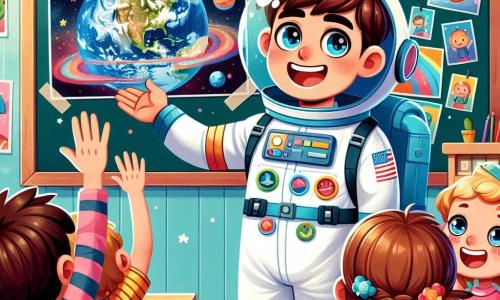 Un astronauta, Marco, con capelli castani e una grande tuta spaziale blu decorata con patch colorati, sorride entusiasta, gli occhi scintillanti di gioia. Sta mostrando una foto della Terra a dei bambini meravigliati. Luca, un ragazzo di 10 anni con capelli castani spettinati e occhiali rotondi, alza la mano con eccitazione, mentre Marta, una ragazza di 9 anni con capelli biondi intrecciati, guarda la foto con occhi sbarrati e un sorriso radioso. La scena si svolge in un'aula luminosa, con poster di pianeti e stelle appesi alle pareti, banchi colorati e una lavagna nera piena di disegni di astronauti. Marco condivide storie affascinanti sui suoi viaggi nello spazio, catturando l'attenzione dei bambini che sognano di diventare astronauti, mentre ridono e si meravigliano insieme.