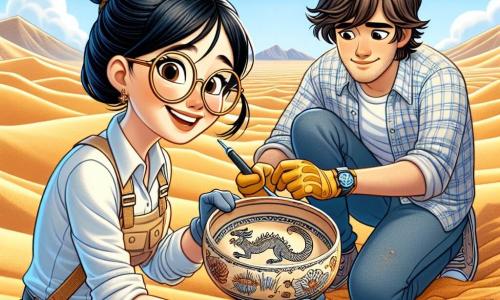In the foreground, an archaeologist, Dr. Eleanor Chen, is kneeling in the golden sand of the Gobi Desert. She has her black hair in a bun, glasses on her nose, and an excited smile on her face, her eyes sparkling with curiosity. She wears a straw hat and a long-sleeved shirt, with protective gloves, and holds a trowel in one hand while gently brushing away sand around a precious artifact with the other hand. Next to her, a young man, Jake, about 22 years old, is leaning over a pottery fragment he found. He has messy brown hair and is wearing a checkered shirt. His face shows concentration as he gazes in wonder at the piece in his hands. In the background, the desert landscape stretches endlessly, with rolling sand dunes under a bright blue sky dotted with a few white clouds. Distant mountains outline the horizon, adding a touch of mystery to the scene. The main focus shows Dr. Eleanor and Jake engaged in an archaeological discovery, uncovering an ancient artifact, a dragon-decorated bowl, slowly emerging from the desert sands, symbolizing the richness of the history they are about to reveal.