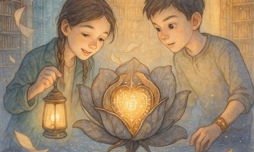 Há dois personagens: Lia, 12 anos, cabelos castanhos em tranças, jaqueta verde leve, segurando uma lanterna de cristal que emite luz quente, à esquerda da escultura, inclinada para o coração luminoso; Tomás, 12 anos, cabelos curtos e pretos, com uma pulseira de cobre improvisada que cintila e solta pequenas faíscas, à direita da escultura, olhando o núcleo luminoso, levemente inclinado para Lia. A cena passa numa antiga e imensa biblioteca de paredes de pedra com prateleiras infinitas e chão em mosaico de constelações; no centro há uma escultura em forma de rosa com pétalas de vidro fumê e nervuras de metal envelhecido, cujo núcleo mistura circuitos e runas; três corredores partem ao redor — um azulado e frio com fumaça de ozônio, um úmido com som de água e um dourado por luz empoeirada. A rosa de vidro se abre lentamente e revela um coração luminoso feito de símbolos digitais e glifos antigos; a lanterna de Lia acende sozinha, a pulseira de Tomás emite bipes prateados, uma brisa faz voar páginas e faíscas de poeira cometária; atmosfera science-fantasy, mistura de mecânica e magia, tons aquarela suaves com acentos metálicos e brilhos brancos.