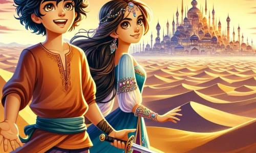Aladdin, een jonge man van ongeveer 20 jaar, heeft zwart, krullend haar, sprankelende ogen vol nieuwsgierigheid en een brede glimlach die zijn gezicht verlicht. Hij draagt een losse broek en een kleurrijke tuniek, en staat met open armen op een gouden zandduin, vol verwondering kijkend naar de verborgen stad in de verte. Naast hem staat Jasmine, een jonge vrouw van ongeveer 19 jaar, met lang bruin haar en stralende ogen vol vastberadenheid. Ze draagt een mooie jurk versierd met glinsterende juwelen en houdt een zwaard in haar hand, klaar om hun avontuur te verdedigen. Ze staat iets op de achtergrond, met trots en bewondering naar Aladdin kijkend. De scène speelt zich af in de Sahara, waar majestueuze zandduinen zich uitstrekken tot aan de horizon, en de ondergang van de zon de lucht in rozen- en oranjetinten kleurt. In de verte tekent de silhouet van een mysterieuze stad, met glinsterende torens en muren versierd met edelstenen, zich af tegen de horizon. De hoofdscène toont Aladdin en Jasmine, verwonderd, die de verborgen stad ontdekken, wat het begin van hun grote avontuur samen symboliseert.