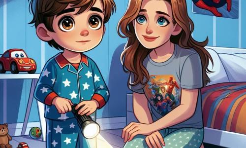 Um menino de 6 anos, Lucas, com cabelos castanhos bagunçados e olhos brilhantes de curiosidade, está de pé em um quarto escuro, um pouco preocupado, mas determinado. Ele usa um pijama azul com estrelas brancas e segura uma pequena lanterna que ilumina seu rosto. Ao seu lado, sua mãe, uma mulher de cerca de trinta anos com cabelos longos e castanhos, sorridente e reconfortante, está agachada, mostrando a ele como usar a lanterna para explorar a escuridão. Ela veste uma camiseta colorida e uma calça confortável, oferecendo seu apoio a Lucas. A cena se passa em um quarto infantil, com paredes pintadas de azul claro, pôsteres de super-heróis e uma cama em forma de carro. Brinquedos estão espalhados pelo chão, e uma janela revela estrelas cintilantes no céu noturno. A situação principal mostra Lucas, um pouco nervoso, mas pronto para enfrentar seu medo do escuro, iluminando o quarto com sua lanterna, enquanto sua mãe o encoraja a ser corajoso e descobrir a magia da noite.