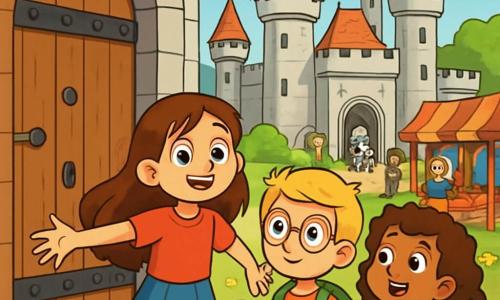 Uma menina de 10 anos, Sofia, com longos cabelos castanhos e olhos brilhantes de curiosidade, está diante de uma imensa porta de madeira do castelo medieval. Ela sorri maravilhada, com os braços abertos, pronta para explorar esse novo mundo. Ao seu lado, Lucas, um garoto de 10 anos com cabelos loiros e óculos redondos, observa fascinado o castelo, segurando um velho livro. Marina, outra menina de 10 anos com cabelos cacheados e um vestido colorido, aponta para um cavaleiro em armadura brilhante que treina ao longe. O castelo se ergue majestoso, com torres pontiagudas, bandeiras ao vento e paredes de pedra cinza, cercado por um jardim florido onde flores coloridas dançam ao sol. A cena é cheia de vida, com aldeões em trajes medievais animando o mercado próximo, com barracas de frutas e tecidos coloridos. Sofia, Lucas e Marina estão juntos, maravilhados com a descoberta do castelo, prontos para viver uma incrível aventura neste mundo do passado.