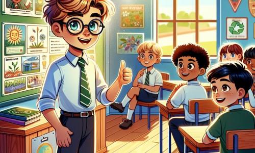 In the center of the image, Jamie, a twelve-year-old boy with messy blonde hair and glasses, stands with a big smile, holding a presentation board on renewable energy. To his right, Ethan, an athletic boy with brown hair and sparkling eyes, encourages him with a thumbs up, full of energy. On the left, Adam, a boy with brown hair and glasses, looks at Jamie with admiration, holding a science book. Finally, Leo, a boy with black hair and a mischievous smile, stands behind them, ready to make a joke to lighten the mood. The setting is a colorful classroom with educational posters on the walls, wooden desks, and a large window letting in sunlight. Classmates are seated in chairs, attentive and smiling, creating a warm and encouraging atmosphere. The main situation shows Jamie, nervous but determined, speaking in front of his classmates while his friends support him with gestures. The image captures the moment Jamie begins to speak, illustrating the growing self-confidence within him, surrounded by friends who believe in him.