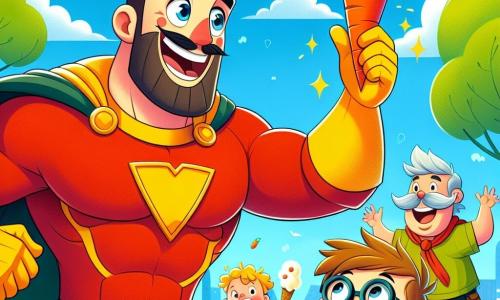 Un supereroe di nome Pompierone, un uomo muscoloso con un costume rosso e giallo, sorride con occhi scintillanti mentre fa volare una carota. Ha i capelli castani disordinati e indossa un mantello che fluttua nel vento. Accanto a lui c'è Gattino, un ragazzo di circa 8 anni con occhiali tondi e capelli biondi, che guarda la carota con meraviglia, pronto a prenderla. Super Cacca, un uomo più anziano con un grande baffo e un costume verde, sta dietro di loro ridendo mentre cerca di far apparire un gelato. La scena si svolge in un parco soleggiato, pieno di fiori colorati e alberi verdi, con un cielo blu chiaro e nuvole bianche. I bambini giocano e ridono in lontananza, creando un'atmosfera gioiosa. Pompierone lancia la carota, Gattino si prepara a prenderla e Super Cacca cerca di far apparire un gelato, creando un'atmosfera divertente e sorprendente.