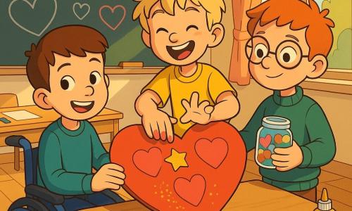 Drie jongens van ongeveer 8 jaar: Tim, lichtgetint met kort bruin haar, zit in een kleine blauwe rolstoel links voor de juf en houdt de linkerhoek van een grote hartvormige Valentijnskaart terwijl hij lacht; Sam, blond en warrig, staat in het midden en plakt een glinsterende ster op de kaart met een enthousiaste blik; Joep, roodharig met ronde bril, staat rechts en houdt een pot met kleurrijke stickers terwijl hij trots naar de kaart kijkt. De warme, lichte klas heeft een lichte houten vloer, tafels met papier en potjes kleurpotloden, een zwartbord met het woord "Vriendschap" en hartjes getekend, papieren slingers aan het plafond en zonlicht dat door een groot raam valt. De jongens tonen een open hartkaart bedekt met rood papier, glanzende stickers en gouden glitters op de tafeldeksel, met vrolijke gezichten, vriendelijke gebaren en een feestelijke sfeer; de illustratiestijl is cel-shading met heldere kleuren, scherpe contouren en zachte schaduwen, compositie gecentreerd op de kaart en de blije gezichten.