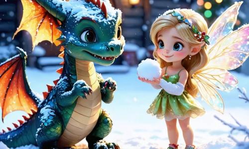 Un pequeño dragón de escamas brillantes y colores vivos juega alegremente en un paisaje nevado. Sus grandes ojos, llenos de curiosidad, y una amplia sonrisa expresan su asombro ante la nieve que cae suavemente a su alrededor. Junto a él, una pequeña duendecilla con cabello dorado y alas translúcidas observa con una sonrisa cálida. Sostiene una bola de nieve en sus manos, lista para lanzarla, y su rostro irradia alegría y emoción. El escenario es un encantador pueblo invernal, con casas de madera cubiertas de nieve, luces de colores que brillan y un gran árbol de Navidad decorado en el centro de la plaza. Los copos de nieve bailan en el aire, creando una atmósfera mágica. La escena principal muestra al dragón y a la duendecilla divirtiéndose juntos, lanzando bolas de nieve y riendo, mientras la nieve cubre el suelo, creando un mundo de ensueño lleno de alegría y amistad.