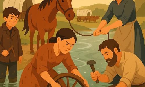 The main character is Mae, a focused, determined woman with narrowed eyes, mud-stained clothes and a hitched-up skirt, firmly holding a broken wheel in the water while helping replace a spoke; an about 11-year-old boy, Eli, soot-smudged and wearing an oversized coat, stands on the left bank worried but admiring, holding a small slingshot; Lottie, about 35, hair in a bun, pulls a wet rope to Mae’s right, tense but smiling; Jonah, about 45, bearded with calloused hands, kneels in the water hammering a new wooden spoke, dusty clothes; the mare Juniper stands behind Mae, bay coat and loose reins, attentive with splashed hooves; the setting is a sharp river bend with green-silver swirling water, shiny pebbles, light spray, beige canvas wagons and oxen on the far bank; the scene depicts a collective repair—splashing water, taut rope, gleaming metal tools, a tilted wagon, precise gestures and cooperation in golden late-afternoon light.