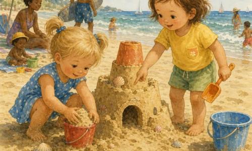 Zwei Mädchen: Lina (2) mit blonden Zöpfen und blauem gepunktetem Kleid, links hockend und nassen Sand in einen kleinen roten Eimer pressend; Emma (2) mit kurzen hellbraunen Haaren, gelbem T‑Shirt und grüner Shorts, rechts, lächelnd mit einer kleinen orangen Schaufel und auf den Eingang ihrer gemeinsam gebauten Sandburg zeigend; sie halten sich fast an der Hand. Ort: goldener Sandstrand mit vereinzelten Muscheln, sanften, in der Sonne glänzenden Wellen, gestreiftes Handtuch und blauer Wassereimer in der Nähe. Situation: Sie bauen zusammen eine große nasse Sandburg mit Hügel, umgestülptem Eimer als Türmchen, Fußspuren und Wasserplatschen daneben.