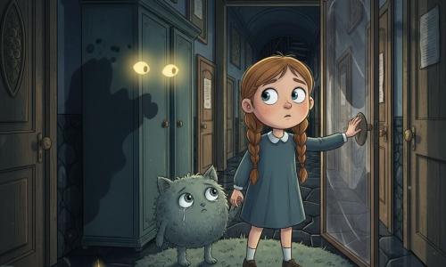 A determined but slightly worried 10-year-old girl with a round freckled face and light brown hair in two braids, big bright eyes, reaches to open a smoked-glass door while standing on a gray mossy rug; beside her a small, round, blurry dream-creature the size of a cat with teary silver eyes holds her hand and looks toward the door with hope; unseen yet present, a Dream-Walker manifests as two large glowing yellow eyes floating near the wardrobe's shadow with a wavy dark silhouette behind them; the setting is a long high-walled corridor with polished black tiles reflecting rows of varied doors (carved wood, metal, paper), a spiral staircase plunging into darkness beyond the smoked glass, flickering candlelight and low mist near the floor, dramatic child-friendly mood with deep blues, grays and gold highlights, sharp lines and strong contrasts.