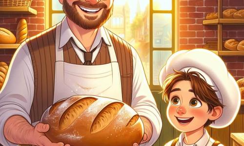 Ein Bäcker, ein mittelalter Mann mit einem braunen Bart und runden Brillen, lächelt fröhlich, während er ein großes, goldbraunes Brot in seinen Händen hält. Er trägt eine weiße, mehlverschmierte Schürze und hat leicht zerzauste Haare, was auf seinen arbeitsreichen Morgen hinweist. Neben ihm steht ein etwa 10-jähriger Junge namens Emil, der eine zu große, niedliche Mütze trägt und mit neugierigen, funkelnden Augen das frisch gebackene Brot bewundert. Sie befinden sich in einer gemütlichen Bäckerei mit roten Backsteinwänden, Holzregalen voller Brote und Gebäck und einem sanften, goldenen Licht, das durch das Fenster strömt. Die Szene zeigt den Moment, in dem der Bäcker und Emil die Kreation eines neuen, speziellen Brotes feiern, umgeben von dem köstlichen Duft frischen Brotes, der die Luft erfüllt.