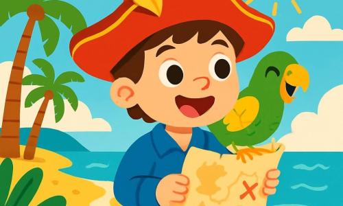 Un giovane pirata di nome Nico, un ragazzo di circa 8 anni, indossa un grande cappello rosso decorato con una piuma dorata. Ha occhi brillanti di curiosità e un ampio sorriso che esprime il suo entusiasmo. Nico tiene in mano una mappa del tesoro, guardando con eccitazione verso l'orizzonte. Accanto a lui, Pipo, un pappagallo colorato, è posato sulla sua spalla. Pipo è verde con piume gialle vivaci e sembra felice, con il becco aperto come se stesse cantando una canzone da pirata. La scena si svolge su un'isola tropicale, con palme verdi che oscillano dolcemente sotto il sole splendente. La sabbia è dorata e morbida, e l'acqua turchese brilla sotto i raggi del sole. Sullo sfondo, si vede un mare calmo e un cielo blu punteggiato da alcune nuvole bianche. Nico e Pipo stanno scoprendo una vecchia mappa del tesoro, circondati da piante esotiche e fiori colorati. Sono pronti a partire per un'avventura alla ricerca del tesoro nascosto sull'isola misteriosa.