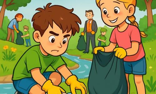 Un ragazzo di 12 anni, Tommaso, con capelli castani disordinati e occhi pieni di determinazione, è accovacciato vicino a un ruscello, indossando una maglietta verde brillante e pantaloni corti di jeans. Il suo volto esprime grande concentrazione e una leggera preoccupazione mentre raccoglie rifiuti di plastica con guanti gialli. Accanto a lui, una ragazza di 11 anni, Sofia, con capelli biondi intrecciati e un sorriso incoraggiante, tiene un grande sacco della spazzatura, pronta a riempirlo. Indossa una maglietta rosa e scarpe colorate. Sullo sfondo, un gruppo di bambini e adulti, tra cui il sindaco, tutti vestiti in abiti da lavoro, sono impegnati a pulire le rive del ruscello, creando un'atmosfera di amicizia. Il luogo è un bel ruscello circondato da alberi verdi lussureggianti, con fiori selvatici vivaci che aggiungono tocchi di colore. La scena principale mostra Tommaso e i suoi amici in azione, uniti per raccogliere i rifiuti e ridare vita alla natura, sotto un cielo blu chiaro punteggiato di nuvole bianche e soffici.