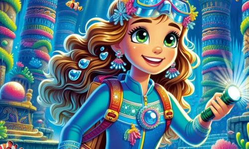 O fată de 12 ani, Iris, cu părul lung și ondulat de culoare castaniu deschis, poartă un costum de scafandru albastru aprins. Ochii ei verzi strălucesc de emoție și curiozitate în timp ce explorează o lume subacvatică fascinantă. Înoată cu determinare, ținând un jurnal într-o mână și o lanternă în cealaltă, iluminând minunile din jur. Aproape de ea, o mulțime de pești colorați cu solzi strălucitori o însoțesc în aventură, creând un contrast vibrant cu albastrul adânc al oceanului. Decorul este o vastă peșteră subacvatică, cu coloane de corali multicolori, raze de lumină filtrând prin apă și ruine misterioase decorate cu motive antice pe pereți. Situația principală o arată pe Iris descoperind o sală secretă plină de comori, cu o imensă perlă strălucitoare așezată pe un piedestal, în timp ce se uită în jur, uimită de frumusețea și magia acestui loc ascuns.