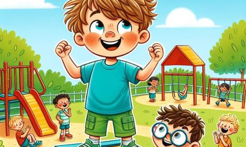 Um menino de 6 anos, chamado João, está no topo de uma grande casinha de brinquedo em um parque escolar, com um grande sorriso no rosto, os olhos brilhando de orgulho e excitação. Ele tem cabelos castanhos bagunçados, usa uma camiseta azul vibrante e um short verde, e suas pequenas mãos estão levantadas em sinal de vitória. Ao lado dele, seu amigo Pedro, também de 6 anos, com cabelos loiros e óculos redondos, o encoraja com um grande sorriso. Pedro está sentado na borda da casinha, com as pernas penduradas, aplaudindo João com entusiasmo. O parque é cheio de cores vibrantes: balanços vermelhos, um grande escorregador amarelo e árvores verdes luxuriantes. O céu é azul com algumas nuvens brancas fofas, e outras crianças brincam alegremente ao redor, criando uma atmosfera de felicidade e amizade. A cena principal mostra João, no topo da casinha, percebendo que superou seu medo e pode ser corajoso. Ele está celebrando seu sucesso, cercado de risadas e incentivos de seus amigos, ilustrando assim o tema da autoconfiança.