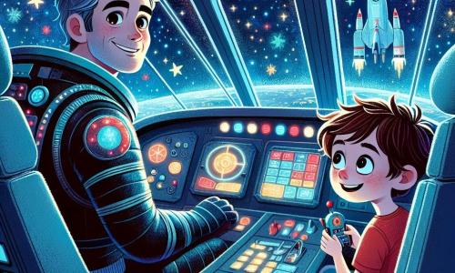 Astronauta Marek stoi w swoim kokpicie statku kosmicznego, ubrany w błyszczący niebieski skafander, który mieni się w świetle gwiazd. Jego twarz jest uśmiechnięta, a oczy błyszczą z ekscytacji, gdy patrzy na pulpit sterowniczy wypełniony kolorowymi przyciskami. Obok niego, dziesięcioletni chłopiec Filip, z rozczochranymi brązowymi włosami i czerwoną koszulką, siedzi na fotelu drugiego pilota, z oczami szeroko otwartymi z fascynacji, trzymając w rękach mały model rakiety. Kokpit otaczają duże okna, oferujące spektakularny widok na nieskończoną przestrzeń, usianą migoczącymi gwiazdami i kolorowymi planetami. Scena emanuje atmosferą przygody i odkrycia, z podświetlonymi panelami sterowniczymi i unoszącymi się hologramami. Marek i Filip wspólnie wyobrażają sobie podróż przez galaktyki, Marek tłumacząc swojemu młodemu przyjacielowi cuda wszechświata, podczas gdy przygotowują się do startu w kierunku nowej, tajemniczej planety.