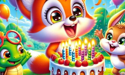 In un giardino verdeggiante, il piccolo volpe Fiocco, con il suo pelo arancione brillante e i suoi grandi occhi scintillanti di gioia, soffia sulle candeline di un magnifico torta decorata con frutti colorati. Sorride ampiamente, traboccante di eccitazione. Accanto a lui, la tartaruga Tino, con il suo guscio verde e occhiali rotondi, applaude con entusiasmo, i suoi occhi brillanti di felicità. Un po' più in là, la lepre Lella, con grandi orecchie e pelo bianco, balla gioiosamente, le sue zampe posteriori sollevate, piena di energia. Il giardino è pieno di fiori vivaci, palloncini colorati che fluttuano nel cielo blu, e i raggi di sole filtrano tra gli alberi, creando un'atmosfera festosa e calorosa. La scena principale mostra Fiocco che celebra il suo compleanno circondato dai suoi amici, tutti uniti nella gioia, pronti a condividere questo momento magico e indimenticabile.
