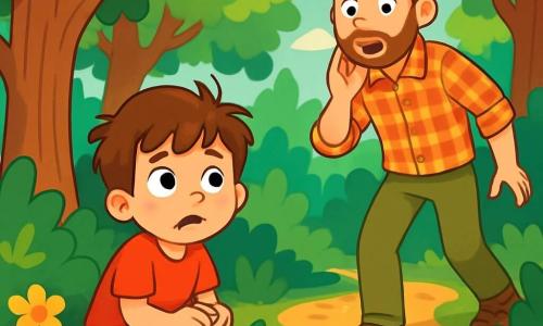 Un ragazzo di 6 anni, con capelli castani disordinati e occhi pieni di curiosità, si trova in mezzo a una foresta verdeggiante, con un'espressione preoccupata. Indossa una maglietta rossa e pantaloni corti blu, con le mani serrate sulle ginocchia e il viso che esprime una leggera paura mescolata a meraviglia. Accanto a lui, suo padre, un uomo di circa 30 anni con una barba castana e un sorriso rassicurante, cerca il figlio con un'espressione di preoccupazione. Indossa una camicia a quadri e pantaloni kaki, tenendosi leggermente in disparte e scrutando i dintorni. La foresta è densa, con grandi alberi e foglie verdi che filtrano la luce del sole, creando ombre danzanti sul terreno. I fiori colorati nel sottobosco aggiungono tocchi di giallo, viola e rosa all'ambiente. La situazione principale mostra il ragazzo smarrito, che realizza di essersi allontanato dal padre, mentre quest'ultimo lo chiama con voce dolce ma preoccupata, cercando di rassicurarlo in questo bellissimo ma un po' spaventoso contesto naturale.