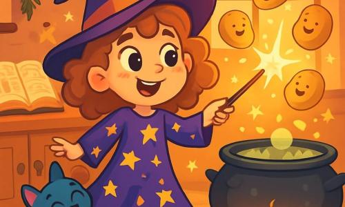 Mirtilla, un'apprendista strega di sette anni, ha grandi occhi scintillanti di curiosità e capelli ricci color caramello. Indossa un vestito viola decorato con stelle dorate e tiene una bacchetta magica che brilla. Il suo viso è illuminato da un sorriso malizioso, mentre si prepara a lanciare un incantesimo. Accanto a lei, Poffo, un gatto blu dagli occhi birichini, si strofinano contro le sue gambe, pronto a vivere una nuova avventura. Ha un'espressione divertita, come se sapesse che qualcosa di buffo stesse per accadere. L'ambiente è una cucina incantata, piena di pentole ribollenti, libri di incantesimi dalle pagine ingiallite e finestre che lasciano entrare la luce dorata del sole al tramonto. Erbe sospese al soffitto oscillano dolcemente e stelle scintillanti fluttuano nell'aria. La scena principale mostra Mirtilla mentre lancia un incantesimo, con patate volanti che vorticano attorno a lei, creando un'atmosfera gioiosa e caotica. Le patate hanno volti sorridenti e sembrano danzare nell'aria, mentre risate risuonano nella cucina magica.