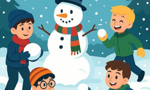 There are four children: Liam, a 10-year-old boy with brown hair and brown eyes, wearing a red scarf and a blue hat, is shaping a snowball. Ethan, an 11-year-old boy with blond hair and blue eyes, dressed in a green coat and yellow gloves, is laughing while throwing a snowball. Noah, a 9-year-old boy with black hair and glasses, wearing an orange jacket and a striped hat, is hiding behind a snowy bush. Jake, a 10-year-old boy with chestnut hair and green eyes, dressed in a blue coat and a green scarf, is crouched, ready to throw a snowball. The setting is a snowy winter garden surrounded by tall snow-covered trees, with a clear blue sky and gently falling snowflakes. In the center, a large snowman with a crooked hat and a colorful scarf stands proudly. The main scene shows the children engaged in a joyful and friendly snowball fight, their faces lit up with bright smiles as the snow swirls around them, capturing the playful and magical spirit of winter.