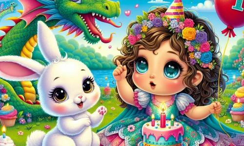 A 1-year-old girl with bright big eyes and curly hair is sitting on the green grass, smiling in wonder. She wears a pretty colorful dress adorned with flowers and holds a small birthday cake decorated with candles. Next to her, an adorable little white rabbit named Binky, with long soft ears, joyfully hops around, his eyes sparkling with joy, holding a red balloon in his paws. In the background, a friendly dragon with shimmering rainbow-colored scales dances, blowing magical sparks and creating a festive atmosphere. The setting is an enchanted forest filled with colorful flowers and majestic trees, under a clear blue sky where a large rainbow shines, adding a touch of magic to this joyful scene. The main situation shows the little girl and Binky celebrating her birthday, surrounded by floating balloons and small cakes, in a cheerful party atmosphere full of laughter and happiness.