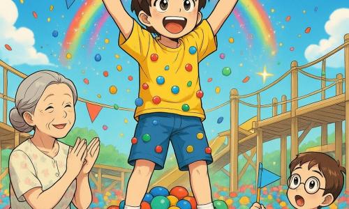 Menino de 10 anos, cabelo castanho desgrenhado, olhos grandes e risonhos, sorriso triunfante e braços erguidos no topo de um vulcão de bolas coloridas; veste camiseta amarela, calção azul e ténis vermelhos, com pequenas bolas coladas às roupas; à esquerda, avó de ~65 anos, cabelo grisalho apanhado, sorrindo e aplaudindo, roupa simples com flores pastel; à direita, menino de ~8 anos com óculos redondos e boca aberta de admiração, segurando uma bandeirola numa plataforma e olhando para o herói; local: parque de diversões de dia, grande piscina de bolas multicoloridas, estruturas de madeira, céu azul, festões e confetes; situação: ele acaba de chegar ao cume com bolas descrevendo um arco‑íris atrás, bolas em movimento, brilhos e leve névoa de pó colorido, cena dinâmica e alegre; estilo: traço manga limpo, cores saturadas e contrastantes, expressões exageradas e fofas, textura lisa das bolas e iluminação quente de fim de tarde.