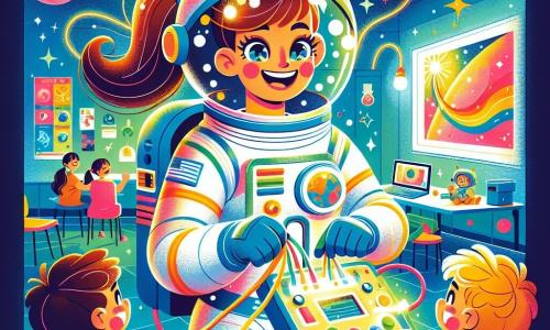Uśmiechnięta astronautka, Mama Ola, unosi się w przestrzeni kosmicznej, ubrana w błyszczący biały skafander z kolorowymi detalami. Jej oczy błyszczą z ekscytacji, a brązowe włosy są związane w kucyk. Naprawia komputer, który emituje migające światła. Na ekranie kontrolnym ciekawscy chłopcy, dwóch sześciolatków, z zachwytem obserwują. Jeden ma blond włosy i niebieską koszulkę, a drugi brązowe włosy i czerwoną koszulkę. Siedzą w klasie, otoczeni plakatami kosmicznymi, uśmiechając się na widok Mamy Oli. Tło to międzygalaktyczna przestrzeń, wypełniona kolorowymi planetami, migoczącymi gwiazdami i niebiesko-zieloną Ziemią w oddali. Wokół Mamy Oli unoszą się bąbelki wody, dodając zabawnego akcentu. Główna sytuacja pokazuje Mamę Olę, która z determinacją naciska przycisk komputera, podczas gdy dzieci ją zachęcają radosnymi okrzykami.