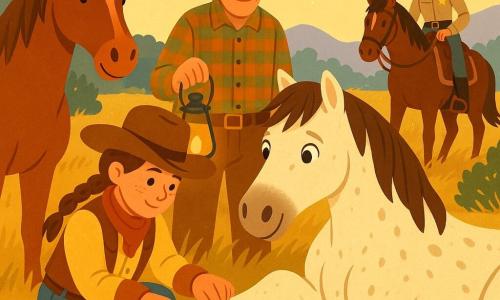 Mary-Joe ist eine Cowgirl-Frau mit rundem Gesicht, Sommersprossen und braidem Haar unter großem Hut; sie kniet und zieht einen großen Kaktusstachel aus einem verletzten Huf eines großen, staubbefleckten weißen Mustangs, der mit großen ängstlichen Augen im hohen Gras liegt und seinen Kopf sanft an Mary-Joes Schulter lehnt; Dusty, ein ruhiges fuchsfarbenes Pferd, steht daneben mit aufmerksamen Ohren; Sam, ein etwa 60-jähriger Mann mit faltigem Gesicht und kariertem Hemd, steht hinter Mary-Joe und hält eine Laterne; Sheriff Molly, eine etwa 35-jährige Frau in einfacher Uniform und rundem Hut, kommt rechts hinten zu Pferd und legt eine Hand an den Sattel; Schauplatz: Morgen in einer Prärie des Wilden Westens mit goldenen hohen Gräsern, Wacholderbüschen, rosagelbem Morgenhimmel und blauen Bergen am Horizont; zentrale Szene: Fürsorge und Vertrauen bei warmer Morgenbeleuchtung, Staubpartikel in der Luft, sanfte Schatten, ruhige präzise Gesten; Stil: kräftige Farben, klare Konturen, einfache kindliche Texturen, klare Komposition mit Mary-Joe und dem Mustang im Zentrum.