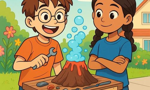 A 12-year-old boy, Max, with messy brown hair and round glasses, smiles enthusiastically, holding a small key-shaped tool in his hand. His face is lit up with determination and joy, his eyes sparkling with energy. Next to him, an 11-year-old girl, Jaya, with braided hair and a blue t-shirt, watches curiously with her arms crossed and a shy smile on her face, standing slightly back, ready to help. The scene takes place on a sunny sidewalk in front of a house with a flower garden, where colorful flowers sway gently in the breeze. An old wooden crate serves as a table for Max, scattered with crafting tools, fun stickers, and a cardboard sign reading 