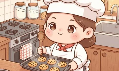 An adult female chef with a round face, gentle eyes and a calm, kind smile, wearing a round white toque and a slightly flour-dusted white apron, holds a wooden spoon and a tray of hot cookies while glancing at an open note with handwritten lines and a pencil on the table; no other people are present. The warm, compact kitchen has a stovetop, an oven slightly ajar, glass jars of flour, sugar and chocolate chips, a checkered tea towel and a smooth wooden countertop with golden light through a window. The main scene shows her removing a tray of golden cookies from the oven with light steam rising, slightly crisp edges and soft centers arranged in spaced rows; soft palette of cream, peach, golden yellow and chocolate brown, visible textures of powdered flour, polished wood and warm metal, slight top-down angle to show the tray and her expressive face, chibi kawaii style with cute proportions, big head, simple features, clean lines and a cozy, comforting atmosphere.