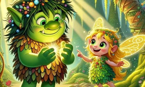 Într-o poiană fermecată, un ogre pe nume Olguța, cu o piele verde strălucitoare și ochi strălucitori ca smaraldul, stă în mijloc, afișând un zâmbet larg de hotărâre. Părul său dezordonat este împodobit cu flori colorate, iar el poartă o tunică din frunze împletite. Olguța atinge o sferă magică care strălucește intens, iluminându-i fața cu o strălucire caldă. Lângă el, un spiriduș pe nume Fifi, o fetiță cu părul auriu și aripi sclipitoare, zboară vesel în jurul lui. Ea poartă o rochie din petale de flori și are un zâmbet plin de entuziasm, în timp ce arată spre sfera magică. Scena se desfășoară într-o pădure magică, unde copacii impunători cu trunchiuri late sunt acoperiți cu mușchi verde, iar florile multicolore dansează în ritmul unei brize ușoare. Razele soarelui filtrează printre frunziș, creând modele luminoase pe solul acoperit cu frunze. Olguța și Fifi descoperă împreună sfera magică care are puterea de a salva pădurea lor, iar bucuria și hotărârea lor se împletesc cu uimirea locului, în timp ce se pregătesc să înfrunte magia care amenință lumea lor.