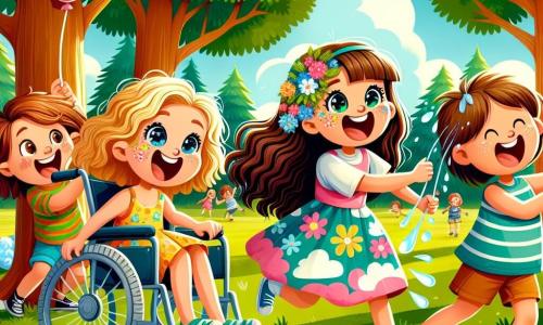 Cuatro amigas alegres están en un parque soleado, rodeadas de grandes árboles con hojas verdes brillantes. Clara (niña, 8 años) es rubia con ojos brillantes, se esconde detrás de un árbol riendo a carcajadas. Sofía (niña, 8 años) tiene cabello rizado y lanza un gran globo de agua, su rostro brilla de travesura. Valentina (niña, 8 años) tiene el cabello largo en una coleta, está a punto de lanzar otro globo de agua, su sonrisa traviesa ilumina su rostro. Lila (niña, 8 años) usa una bonita silla de ruedas decorada con flores, riendo y sosteniendo un globo de agua, lista para unirse a la batalla. El parque está lleno de risas y colores, con niños jugando, flores multicolores y un cielo azul claro. La escena principal muestra a las cuatro amigas en plena batalla de globos de agua, salpicando de alegría a sus nuevos amigos, mientras gotas de agua brillan al sol, creando una atmósfera de felicidad y camaradería.