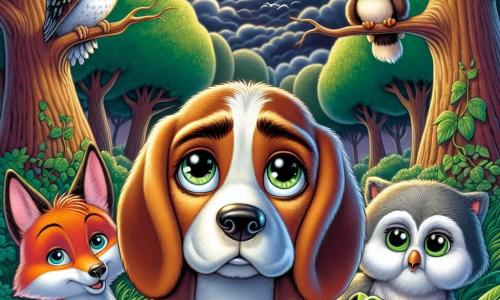 Rocco, un beagle dal pelo marrone e bianco, con grandi orecchie pendenti e occhi brillanti di determinazione, si trova coraggiosamente al centro della scena, pronto ad affrontare una tempesta. La sua espressione è seria ma rassicurante, dimostrando il suo impegno a proteggere i suoi amici. Accanto a lui, Lila, una volpe astuta con un pelo rosso splendente e occhi maliziosi, guarda Rocco con ammirazione, pronta a sostenerlo. Nino, un piccolo gufo dalle piume morbide e grandi occhi rotondi, è posato su un ramo, osservando la scena con saggezza e curiosità. Titti, una dolce tartaruga con un guscio verde brillante, si trova un po' in disparte, mostrando un'espressione di preoccupazione ma anche di fiducia in Rocco. Il luogo è un magnifico boschetto, con alberi maestosi dai tronchi spessi e foglie vibranti di verde nel vento. Il cielo è oscurato da nuvole minacciose, mentre una luce soffusa filtra tra i rami, creando un contrasto tra ombra e luce. La scena principale mostra Rocco e i suoi amici pronti ad affrontare una tempesta imminente, uniti nel loro coraggio e nella loro amicizia, pronti a trovare rifugio e superare insieme le sfide.