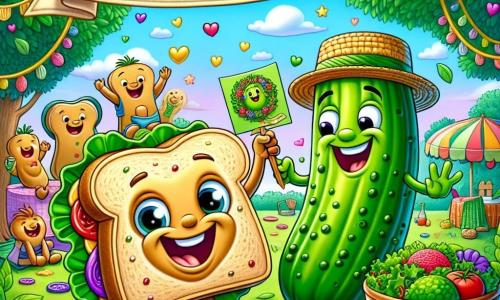 Sammy, a peanut butter and jelly sandwich with a golden crust and sparkling joyful eyes, is at the center of the image, jumping with happiness while holding a card made of leaves and flowers. Next to him, Papa Pickle, a big smiling pickle wearing a straw hat, looks at Sammy with proud shining eyes, holding a plate of delicious salads. In the background, the park is filled with colorful flowers, lush trees, and a bright blue sky, while a large sign decorated with garlands announces "Happy Father's Day." The scene shows Sammy and Papa Pickle surrounded by their friends, laughing and celebrating together, creating a joyful and festive atmosphere.