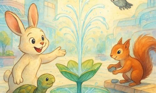 The main character is a small anthropomorphic rabbit with cream fur, bright curious eyes and an enthusiastic smile, reaching toward a fountain shaped like a large water lily leaf. Tilly the turtle stands nearby with a rough green-and-brown patterned shell and a calm, proud expression. Flick the squirrel perches on a low wall with shiny reddish fur, busy and clever, placing smooth pebbles around the fountain. Luna the owl hovers above with outstretched gray-and-white feathers, watching the scene. The setting is a soft futuristic urban square with smooth pale metallic cobbles, rounded glass-and-metal pastel buildings, integrated solar panels and potted plants. The scene focuses on the water-lily fountain spraying clear arcing water as laughing animal children gently splash, bathed in soft sunlight and a joyful, collaborative atmosphere.