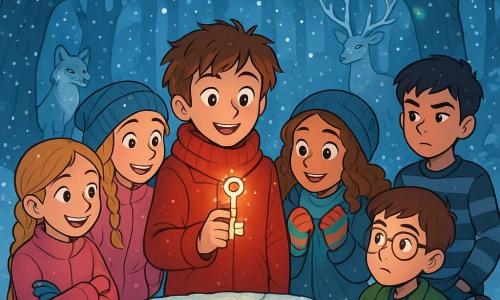 There are 5 children: - Oliver: a 12-year-old boy with tousled brown hair, wearing a thick red coat and a wool scarf. He stands in the center, holding a sparkling key in his hand. - Mia: a 12-year-old girl with long curly hair, wearing a blue hat and colorful gloves. She leans slightly towards Oliver, her eyes shining with excitement. - Rosie: a 12-year-old girl with golden braids and a bright smile, dressed in a pink coat. She is to the left of Oliver, arms crossed, eager to hear the rest of the story. - Sam: a 12-year-old boy with glasses and brown hair, sitting in his wheelchair, wearing a green jacket. He is to the right of Oliver, looking at the key with curiosity. - Jake: a 12-year-old boy with black hair and a striped sweater. He stands behind Sam, hands in pockets, wearing a skeptical but interested expression. The scene takes place in an enchanted forest, where majestic trees are covered in sparkling snow. Colorful lights shine on the branches, and magical creatures like silver foxes and deer with crystal antlers hide behind the trunks. In the center, an old stone well, surrounded by frost, emits a soft and mysterious glow. The main situation shows the children gathered around the well, their faces illuminated by the magic of the place. They are preparing to make a wish to save the spirit of Christmas, united in excitement and hope, as snow gently falls around them.