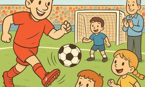 The main character, Mike, a joyful, focused man in a bright red jersey and shiny cleats, is giving an energetic right-footed pass toward Alex, a ~9-year-old boy near the goal ready to shoot; Tim, ~8 with red hair, cheers at the sideline while Lucy, ~7 with a blonde braid, sprints down the flank watching the ball, and Coach Sam, gray-haired, applauds from the touchline; the scene is a bright green soccer field with crisp white lines, a white goal and colorful stands under a sunny blue sky, the ball captured in flight with motion lines, emphasizing cooperative energy and the moment just before a goal, composition centered on Mike’s pass.