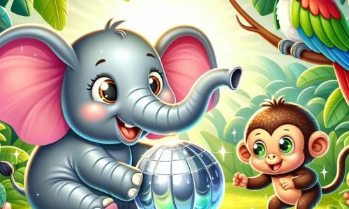 A joyful elephant with large pink ears and gray skin, smiling with sparkling eyes, holds a large shiny object with its trunk. Next to it, a mischievous little monkey with brown fur and a long tail jumps for joy, and a colorful parrot with red and green feathers perches on a branch, watching curiously. They are in a lush jungle filled with large green leaves, colorful flowers, and sunlight filtering through the trees. The scene shows the elephant and its friends discovering a mysterious shiny object in the grass, all excited and ready to play together.