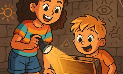 A 12-year-old girl with curly brown hair and sparkling curious eyes stands in front of an old wooden chest, her face lit up with excitement and wonder. She wears a colorful striped t-shirt and denim shorts, holding a flashlight in one hand, illuminating the chest. Next to her, her 6-year-old little brother Teddy, with messy blonde hair and a mischievous smile, looks at the chest with wide eyes, eager to discover what it contains. The setting is a secret room under the floor, with rough stone walls and cobwebs in the corners. Rays of light filter through cracks, illuminating ancient artifacts and mysterious symbols painted on the walls. The main scene shows the girl and her brother discovering the mysterious chest, their faces filled with anticipation and joy, ready to reveal the hidden treasures inside.