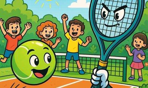 Tino, una piccola pallina da tennis verde con un sorriso gioioso e occhi scintillanti, rimbalza con entusiasmo sul campo da tennis, con le sue piccole macchie bianche che brillano al sole. Raffa, una racchetta elegante con un manico lucido e corde tese, si trova accanto a lui, mostrando un'espressione concentrata e determinata, pronta a colpire Tino per farlo volare in aria. Il campo da tennis è circondato da verde, con alberi frondosi e fiori colorati che danno vita alla scena. I bambini, vestiti con t-shirt colorate e pantaloni corti, si agitano intorno a loro, ridendo e applaudendo, creando un'atmosfera gioiosa e dinamica. La scena principale mostra Tino e Raffa in piena azione, pronti a giocare una partita di tennis, con l'eccitazione palpabile della competizione nell'aria, mentre i bambini incoraggiano le loro squadre con grida di gioia e sorrisi luminosi.