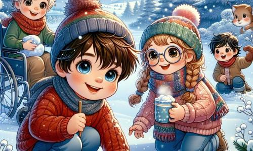 In einer zauberhaften Winterlandschaft haben vier Kinder Spaß im Schnee. Tom, ein 10-jähriger Junge mit braunen Haaren und funkelnden Augen, trägt einen dicken roten Pullover und eine blaue Mütze. Er steht in der Mitte, lächelt und sammelt Schnee, um einen Schneeball zu formen. Rechts von ihm beobachtet Mia, ein 9-jähriges Mädchen mit geflochtenen blonden Haaren und runden Brillen, aufmerksam die Tierspuren im Schnee, während sie einen bunten Schal trägt. Links wirft Ben, ein 10-jähriger Junge mit zerzausten schwarzen Haaren und einem breiten Lächeln, einen Schneeball auf Tom. Schließlich lacht Lea, ein 9-jähriges Mädchen im Rollstuhl mit braunen Haaren und rosigen Wangen, im Hintergrund und hält eine Tasse heißen Schokoladens, umgeben von sanft fallenden Schneeflocken. Die Kulisse zeigt einen wunderschönen Winterwald mit majestätischen, schneebedeckten Bäumen und einem hellblauen Himmel, der mit weißen Wolken gesprenkelt ist. Der Boden ist mit einer dicken Schicht makellosen Schnees bedeckt, und hier und da sind Tierspuren sichtbar. Die Kinder haben Spaß zusammen, bauen einen Schneemann und lachen, was Freude und Freundschaft an diesem schönen Wintertag verkörpert.