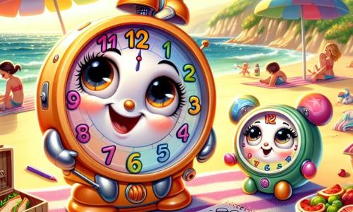 Tic, um jovem e curioso relógio de pulso, está de pé na praia, com os olhos arregalados de admiração e as agulhas girando rapidamente de excitação. Ele tem um estojo colorido, com números alegremente desenhados e um sorriso radiante em seu mostrador. Ao seu lado, sua mãe, um elegante relógio de bolso, está sentada em uma toalha de praia, sorrindo ternamente enquanto segura um livro de contos, suas agulhas delicadas balançando suavemente. Um pouco mais longe, seu pai, um robusto relógio de parede, está preparando um piquenique, com um grande sorriso no rosto, cercado de deliciosos sanduíches e sucos de frutas. O local é uma praia ensolarada, com ondas suaves lambendo a areia dourada, guarda-sóis coloridos dançando ao vento e crianças brincando ao longe, rindo e construindo castelos de areia. A cena principal mostra Tic, maravilhado com a beleza da paisagem, segurando seu bloco de desenho, pronto para capturar a magia do momento, enquanto sua família se prepara para compartilhar um momento de alegria juntos.