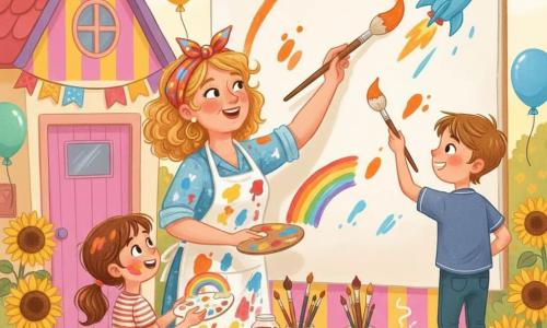 A radiant woman artist in her fifties with curly golden-blond hair tied with a patterned scarf wears a paint-stained apron and holds a large brush loaded with orange, painting an arc on a big mural; an 8-year-old girl, Lily, with brown pigtails, paint-smudged cheeks and a look of wonder holds a small palette and paints a rainbow to the left near the bottom; a mischievous 9-year-old boy, Ben, with short brown hair stands on a small step stool to the right holding a larger brush and paints a blue rocket toward the upper right; in front of a small striped pink, yellow and blue house the garden is dotted with sunflowers, fabric garlands, a worn wooden table covered in bright gouache jars, brushes and tea cups, and floating balloons; the main scene shows the three painting a joyful mural on a fixed canvas against the house with dynamic gestures, vivid splashes of color, a warm collaborative atmosphere and soft late-afternoon sunlight highlighting the brushstrokes.