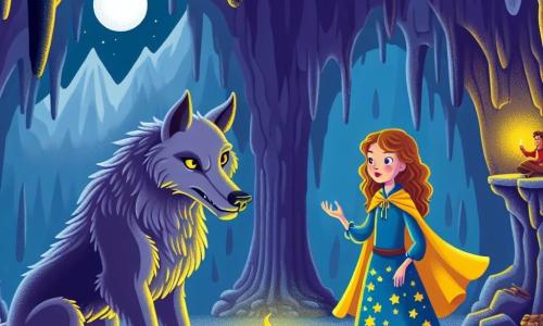 En una cueva oscura y misteriosa, un gran lobo malo, con pelaje gris y ojos brillantes como lunas, se encuentra en el centro, con una expresión amenazante y curiosa. A su derecha, Luna, una niña de 8 años con cabello largo y ondulado color castaño y un vestido azul salpicado de estrellas, mira al lobo con valentía, sus ojos brillando de determinación. A su izquierda, Sol, otra niña de 7 años con cabello rubio y corto, vestida con una túnica amarilla brillante, sonríe suavemente al lobo, extendiendo una mano amistosa hacia él. La cueva es amplia, con paredes de piedra rugosa, sombras danzantes creadas por la luz tenue de una pequeña llama parpadeante y estalactitas que cuelgan como dientes afilados sobre ellos. En esta escena, Luna y Sol intentan convencer al lobo de no robar el corazón de cristal del reino, mostrando su valentía y amistad frente al miedo.