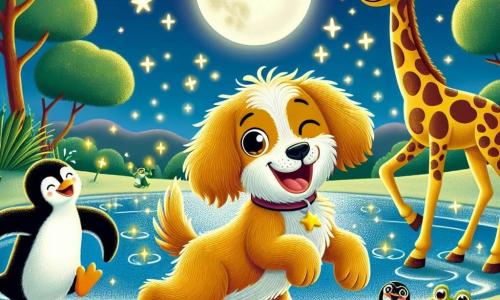 Un cane curioso di nome Fido, con un pelo dorato e occhi scintillanti di gioia, danza felicemente sulla riva di un lago sotto la luce della luna, con la coda che scodinzola di eccitazione. Accanto a lui, un pinguino di nome Pino, con la pancia bianca e il dorso nero, salta ridendo, mentre una grande giraffa di nome Gina, con un collo lungo e macchie marroni, li osserva sorridendo, pronta a unirsi a loro. Il paesaggio è incantevole: un lago scintillante circondato da alberi con foglie verdi, stelle brillanti in un cielo notturno e cerchi di luce che danzano sull'acqua. La scena mostra Fido, Pino e Gina che si divertono insieme in una gioiosa danza notturna, circondati da rane che saltano e applaudono il loro spettacolo.
