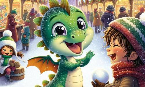 Un piccolo drago di nome Fiocco, con squame verdi brillanti e occhi scintillanti di curiosità, si trova al centro della scena, con un grande sorriso sul volto, incantato dalle luci scintillanti del mercato di Natale. Alla sua destra, un ragazzo dai capelli castani e sciarpa verde, con uno sguardo gioioso e accogliente, tende la mano verso Fiocco, pronto a invitarlo a giocare. Alla sua sinistra, una bambina con un cappello rosso e pompon bianco, con gli occhi brillanti di eccitazione, ride tenendo una palla di neve pronta per essere lanciata. Il mercato di Natale è decorato con ghirlande luminose colorate, con bancarelle di legno piene di giocattoli, dolci e decorazioni scintillanti, mentre la neve cade dolcemente, creando un tappeto bianco e magico sul terreno. La scena principale mostra Fiocco e i suoi nuovi amici, circondati dalla magia del Natale, che ridono e giocano insieme, mentre la folla gioiosa li circonda, creando un'atmosfera festosa e calorosa.