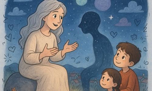 Una donna, Lina, seduta su una pietra liscia, volto dolce e meravigliato, occhi luminosi, capelli argentati lunghi e leggermente mossi, in abito di lana color ecru, racconta una storia con le mani aperte verso una piccola figura; accanto a lei una scatola di legno lucido intagliata con motivi di alberi e stelle emette una tenue luce dorata; un'entità non umana, il Vuoto, è un'ombra sottile e lievemente traslucida, come nebbia notturna con riflessi bluastri e scintille di parole, china e attenta davanti a Lina; vicino siedono un bambino di 8 anni con capelli castani e sguardo ammirato e una bambina di 6 con trecce brune, sorridente e rapita; il tutto su un'altura di pietra circondata da erbe e fiori selvatici sopra un villaggio dai tetti di tegole, sotto un cielo notturno pieno di lune colorate (rose, blu, verdi, porpora), stelle scintillanti e nuvole leggere; atmosfera calda, fiabesca e rasserenante, palette di blu notte, oro e rosa.