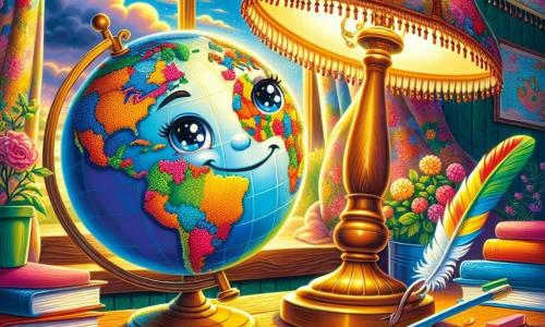 Un mappamonde sorridente, con continenti colorati e occhi scintillanti, si trova su un vecchio tavolo di legno. Le sue vivaci colorazioni contrastano con l'atmosfera cupa dell'esterno. Accanto a lui, una lampada vintage con un paralume di tessuto emette una dolce luce dorata, guardando il mappamonde con un'espressione calorosa. Una penna d'inchiostro, fine ed elegante, è poggiata su un foglio, pronta a scrivere parole di amicizia. La stanza è luminosa, piena di libri colorati e mappe del mondo, con una finestra aperta che lascia entrare una leggera brezza. All'esterno, il cielo è nuvoloso, ma un raggio di sole illumina la scena. Il mappamonde e i suoi amici sono uniti in una missione di pace, scrivendo lettere di amicizia per promuovere la comprensione tra i popoli, con cuori e simboli di pace disegnati attorno a loro.