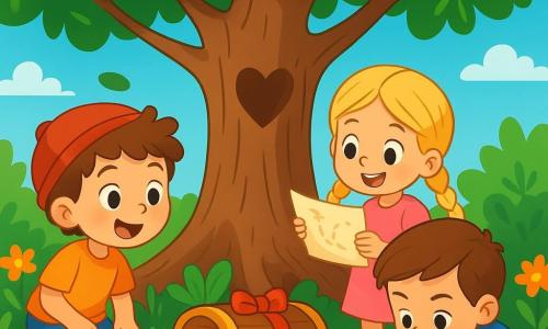 A 4-year-old boy, Leo, wearing a small red hat, with messy brown hair and sparkling curious eyes, is crouched in front of a large tree, a look of wonder on his face. Beside him, his sister Mia, a 5-year-old girl with braided blonde hair and a pink dress, holds a treasure map-shaped piece of paper, her eyes shining with excitement. Max, a 6-year-old boy with brown hair in a blue t-shirt, leans down to examine a smooth pebble near the tree, showing a focused expression. The setting is an enchanting garden with colorful flowers, shiny green leaves, and a clear blue sky, where a gentle breeze makes the tree branches dance. In the center of the scene, Leo discovers a small wooden chest decorated with a red ribbon, hidden under the heart-shaped roots of the tree, surrounded by leaves and flowers. The main situation shows Leo, Mia, and Max on an adventure, ready to open the mysterious chest, their faces lit up with anticipation and joy at discovering hidden treasure.